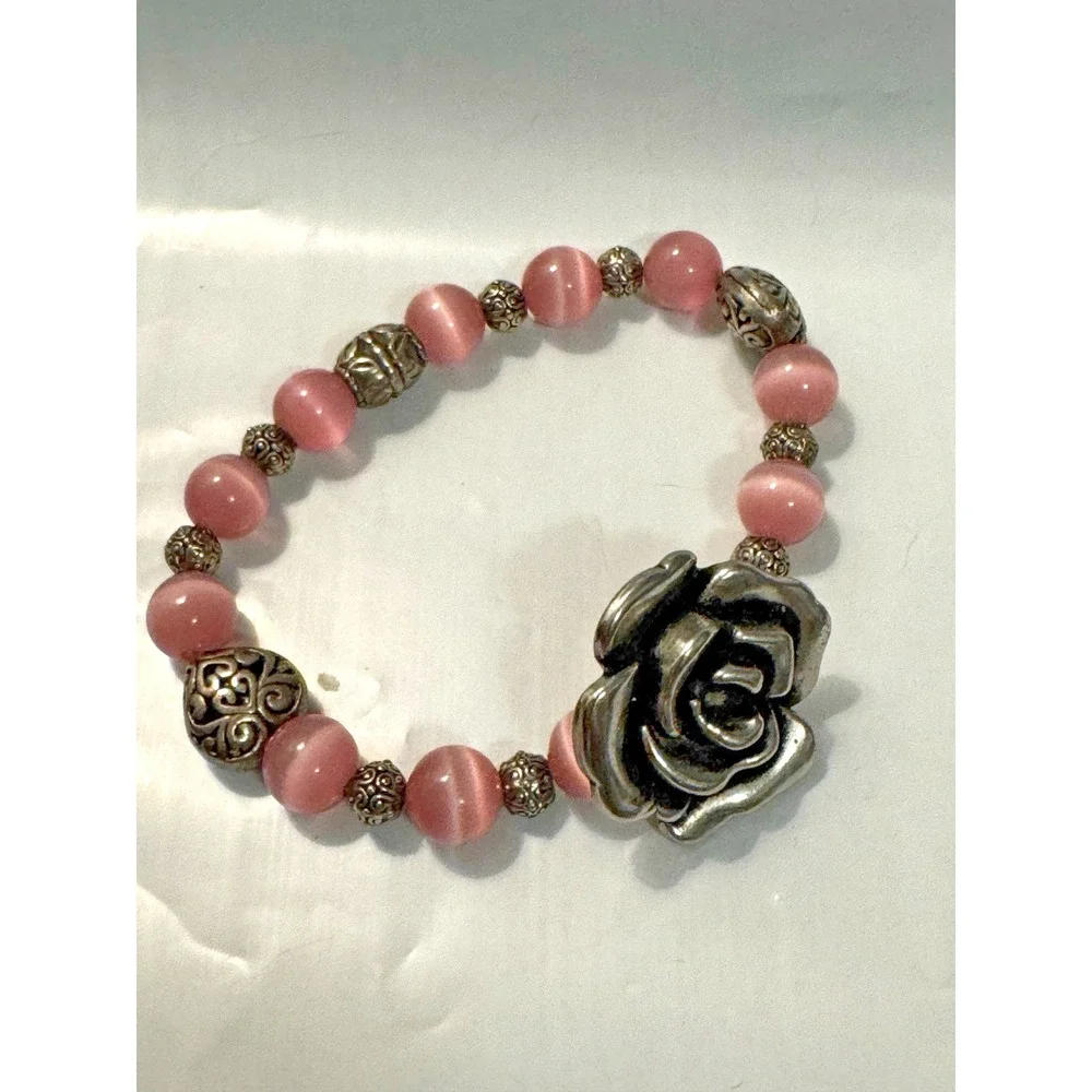 Stretch Silver Tone and Pink Beaded Bracelet Rose Fairy Boho‎ Cottage Feminine